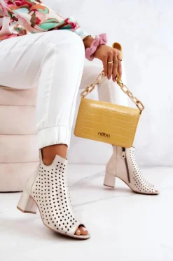 Damskie Maciejka Skórzane Ażurowe Botki 05420-04 Beżowe