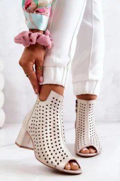 Damskie Maciejka Skórzane Ażurowe Botki 05420-04 Beżowe