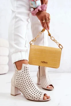 Damskie Maciejka Skórzane Ażurowe Botki 05420-04 Beżowe