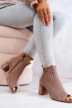 Maciejka Botki Wiosenne|Botki Maciejka*Skórzane Ażurowe Botki 05420-10 Ciemnobeżowe
