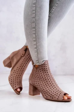 Maciejka Botki Wiosenne|Botki Maciejka*Skórzane Ażurowe Botki 05420-10 Ciemnobeżowe