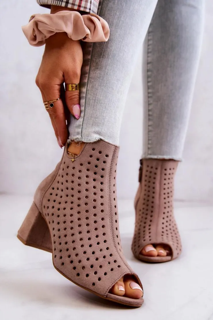 Maciejka Botki Wiosenne|Botki Maciejka*Skórzane Ażurowe Botki 05420-10 Ciemnobeżowe