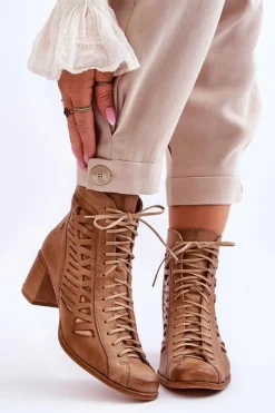 Maciejka Botki Wiosenne|Botki Maciejka*Skórzane Ażurowe Botki 05508-10 Ciemnobeżowe