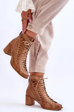 Maciejka Botki Wiosenne|Botki Maciejka*Skórzane Ażurowe Botki 05508-10 Ciemnobeżowe