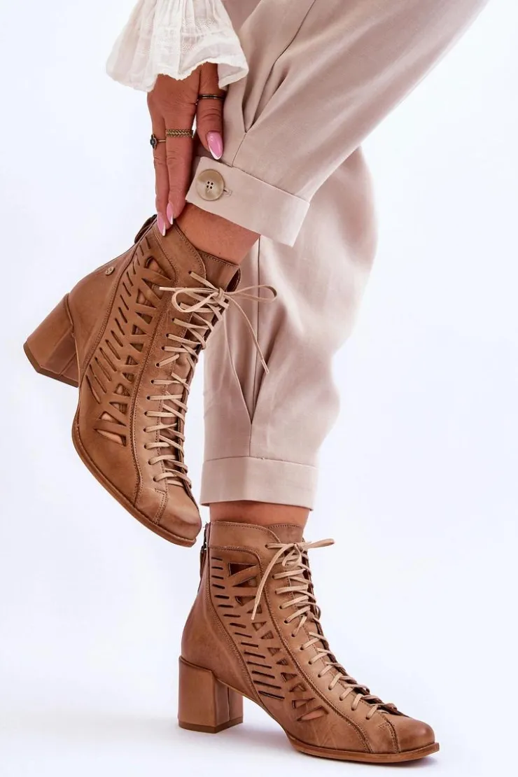 Maciejka Botki Wiosenne|Botki Maciejka*Skórzane Ażurowe Botki 05508-10 Ciemnobeżowe