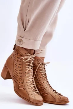 Maciejka Botki Wiosenne|Botki Maciejka*Skórzane Ażurowe Botki 05508-10 Ciemnobeżowe