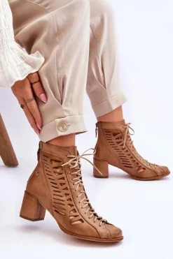 Maciejka Botki Wiosenne|Botki Maciejka*Skórzane Ażurowe Botki 05508-10 Ciemnobeżowe