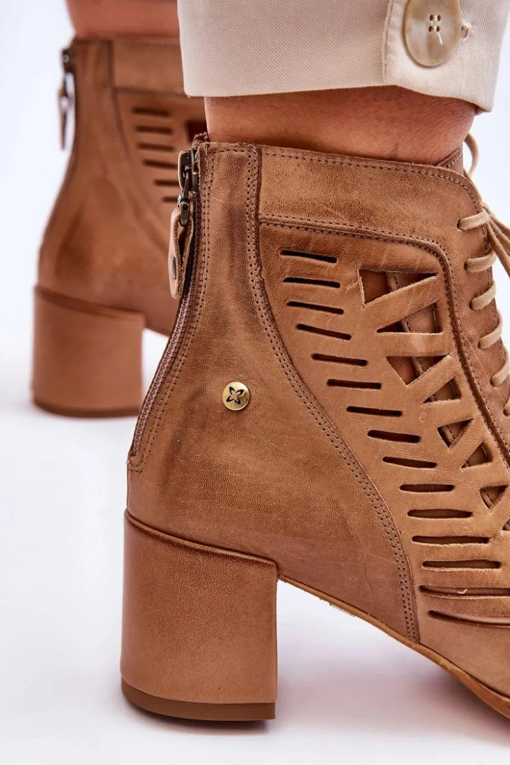Maciejka Botki Wiosenne|Botki Maciejka*Skórzane Ażurowe Botki 05508-10 Ciemnobeżowe