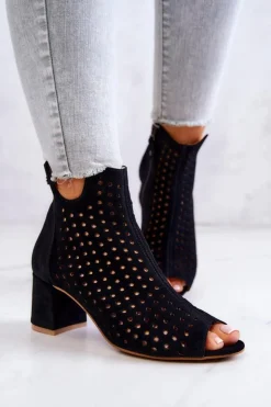 Damskie Maciejka Skórzane Ażurowe Botki 05420-43 Czarne
