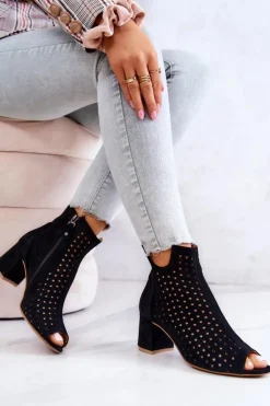 Damskie Maciejka Skórzane Ażurowe Botki 05420-43 Czarne