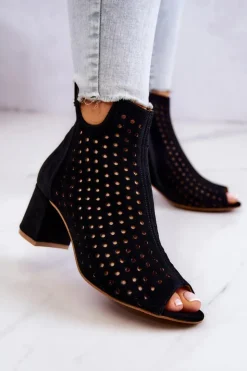 Damskie Maciejka Skórzane Ażurowe Botki 05420-43 Czarne