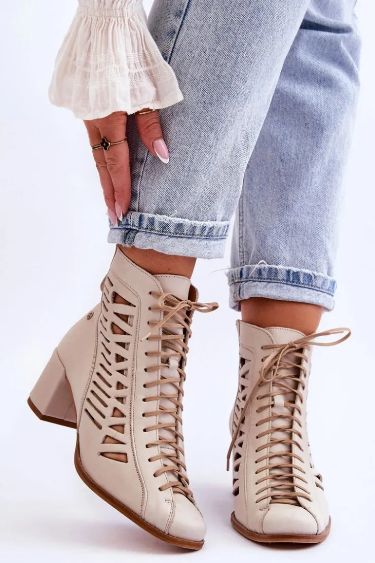 Damskie Maciejka Skórzane Ażurowe Botki 05508-22 Jasnobeżowe