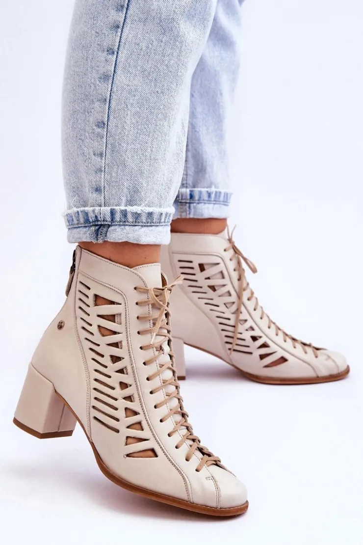 Damskie Maciejka Skórzane Ażurowe Botki 05508-22 Jasnobeżowe