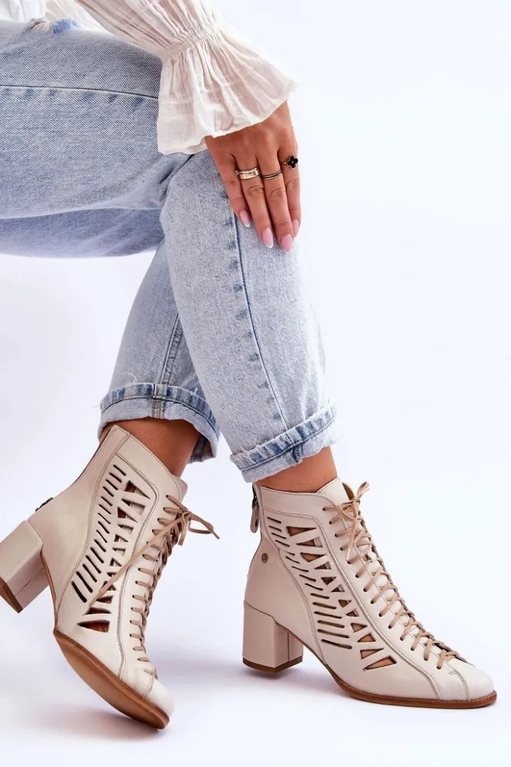 Damskie Maciejka Skórzane Ażurowe Botki 05508-22 Jasnobeżowe