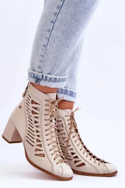 Damskie Maciejka Skórzane Ażurowe Botki 05508-22 Jasnobeżowe