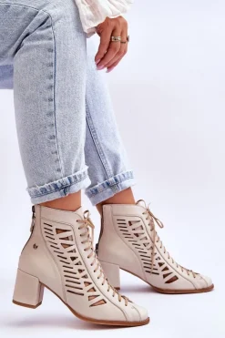 Damskie Maciejka Skórzane Ażurowe Botki 05508-22 Jasnobeżowe