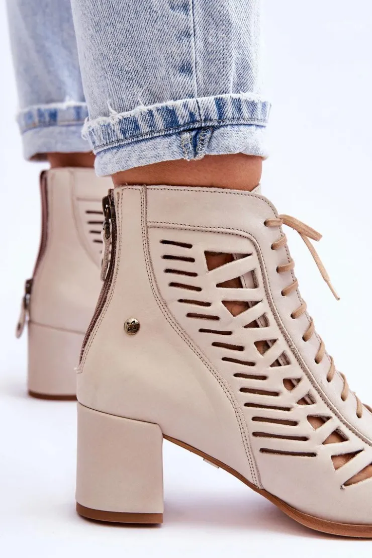 Damskie Maciejka Skórzane Ażurowe Botki 05508-22 Jasnobeżowe