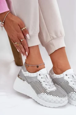 Hot Damskie buty S.Barski Skórzane Ażurowe Buty Sportowe Sneakersy Na Koturnie S.Barski LR51-641 Białe