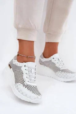 Hot Damskie buty S.Barski Skórzane Ażurowe Buty Sportowe Sneakersy Na Koturnie S.Barski LR51-641 Białe