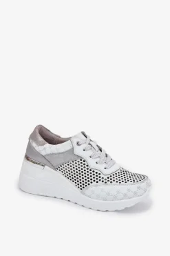 Hot Damskie buty S.Barski Skórzane Ażurowe Buty Sportowe Sneakersy Na Koturnie S.Barski LR51-641 Białe