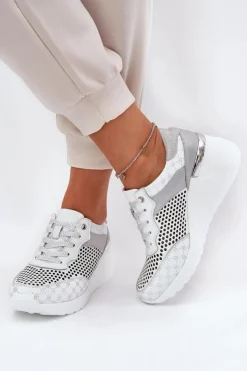 Hot Damskie buty S.Barski Skórzane Ażurowe Buty Sportowe Sneakersy Na Koturnie S.Barski LR51-641 Białe