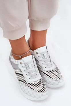 Hot Damskie buty S.Barski Skórzane Ażurowe Buty Sportowe Sneakersy Na Koturnie S.Barski LR51-641 Białe