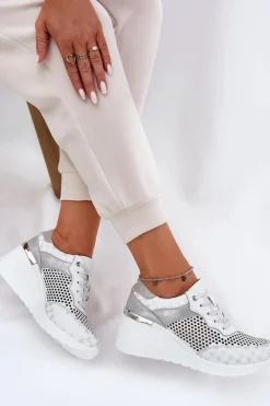 Hot Damskie buty S.Barski Skórzane Ażurowe Buty Sportowe Sneakersy Na Koturnie S.Barski LR51-641 Białe