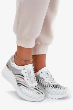 Hot Damskie buty S.Barski Skórzane Ażurowe Buty Sportowe Sneakersy Na Koturnie S.Barski LR51-641 Białe