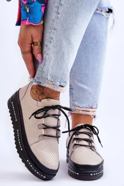 Hot Damskie buty S.Barski Skórzane Ażurowe Buty Sportowe Beżowe Leonor