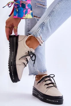 Hot Damskie buty S.Barski Skórzane Ażurowe Buty Sportowe Beżowe Leonor