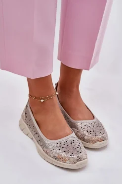 Evento Baleriny Skórzane|Baleriny Klasyczne*Skórzane Ażurowe Lekkie Baleriny Złote Leaneila