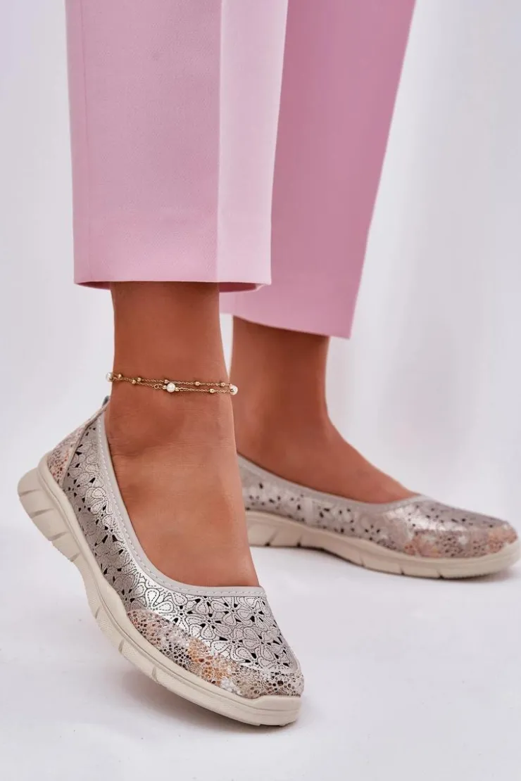 Evento Baleriny Skórzane|Baleriny Klasyczne*Skórzane Ażurowe Lekkie Baleriny Złote Leaneila