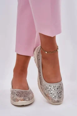 Evento Baleriny Skórzane|Baleriny Klasyczne*Skórzane Ażurowe Lekkie Baleriny Złote Leaneila