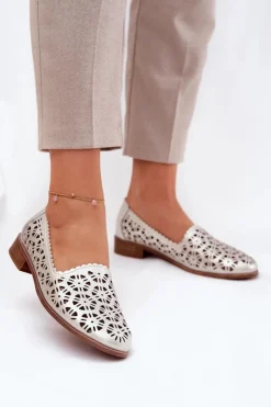 Online Damskie buty S.Barski Skórzane Ażurowe Mokasyny Damskie S.Barski LR51-646 Złote