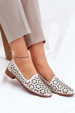 Online Damskie buty S.Barski Skórzane Ażurowe Mokasyny Damskie S.Barski LR51-646 Złote