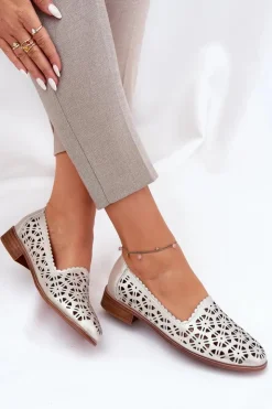 Online Damskie buty S.Barski Skórzane Ażurowe Mokasyny Damskie S.Barski LR51-646 Złote