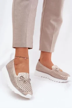 Clearance Damskie buty S.Barski Skórzane Ażurowe Półbuty Damskie Z Naturalnej Skóry D&A LR51-631 Złote Złoty