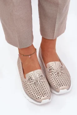 Clearance Damskie buty S.Barski Skórzane Ażurowe Półbuty Damskie Z Naturalnej Skóry D&A LR51-631 Złote Złoty