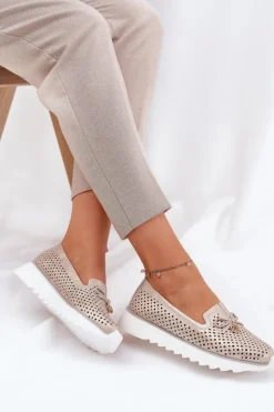 Clearance Damskie buty S.Barski Skórzane Ażurowe Półbuty Damskie Z Naturalnej Skóry D&A LR51-631 Złote Złoty