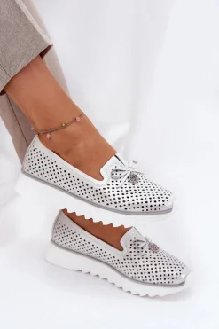 Damskie Damskie buty S.Barski Skórzane Ażurowe Półbuty Damskie Z Naturalnej Skóry D&A LR51-631 Srebrne