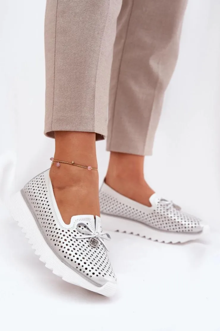 Damskie Damskie buty S.Barski Skórzane Ażurowe Półbuty Damskie Z Naturalnej Skóry D&A LR51-631 Srebrne