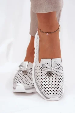 Damskie Damskie buty S.Barski Skórzane Ażurowe Półbuty Damskie Z Naturalnej Skóry D&A LR51-631 Srebrne