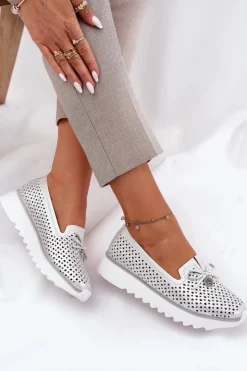 Damskie Damskie buty S.Barski Skórzane Ażurowe Półbuty Damskie Z Naturalnej Skóry D&A LR51-631 Srebrne