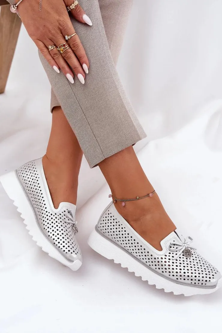 Damskie Damskie buty S.Barski Skórzane Ażurowe Półbuty Damskie Z Naturalnej Skóry D&A LR51-631 Srebrne