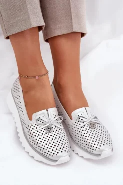 Damskie Damskie buty S.Barski Skórzane Ażurowe Półbuty Damskie Z Naturalnej Skóry D&A LR51-631 Srebrne