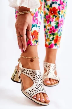 Clearance Boto Skórzane Ażurowe Sandałki Na Obcasie Złote Salvio