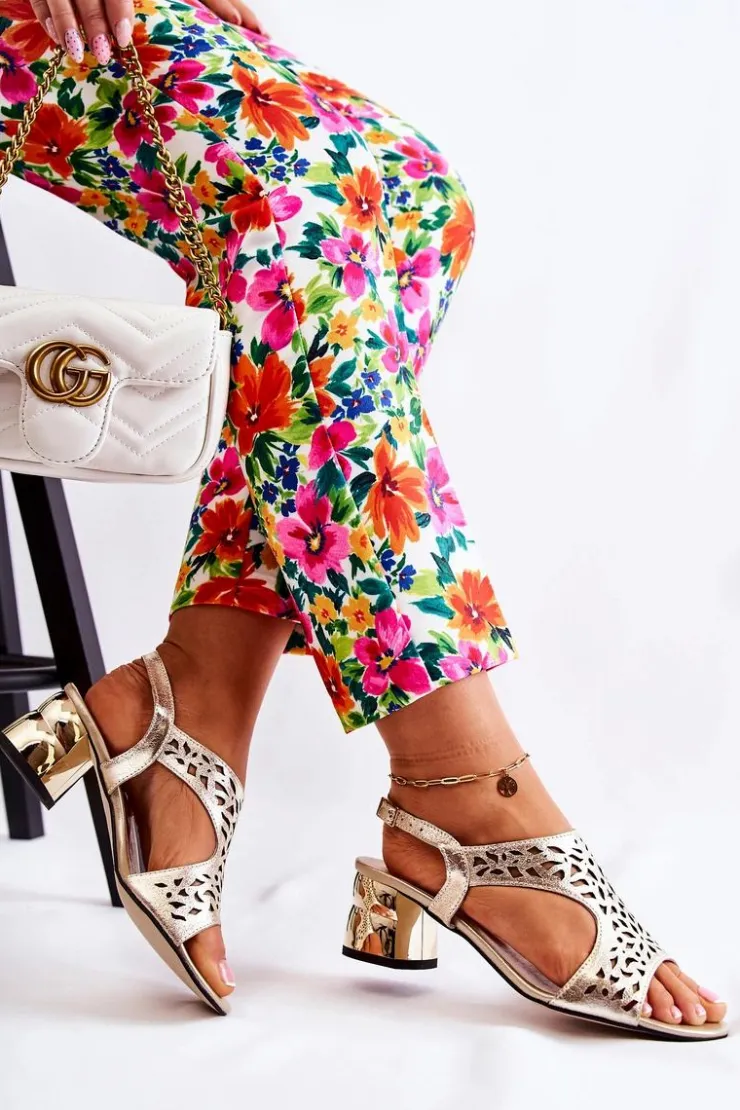 Clearance Boto Skórzane Ażurowe Sandałki Na Obcasie Złote Salvio