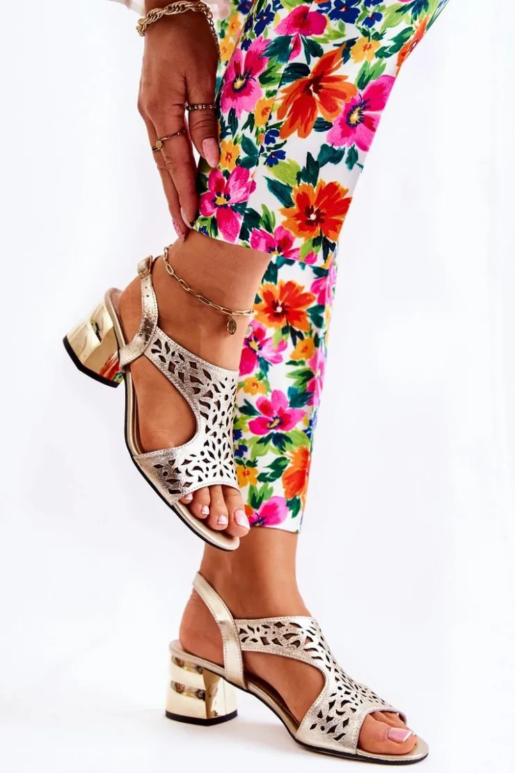 Clearance Boto Skórzane Ażurowe Sandałki Na Obcasie Złote Salvio