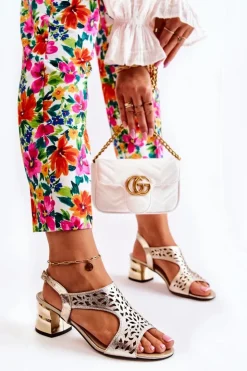 Clearance Boto Skórzane Ażurowe Sandałki Na Obcasie Złote Salvio