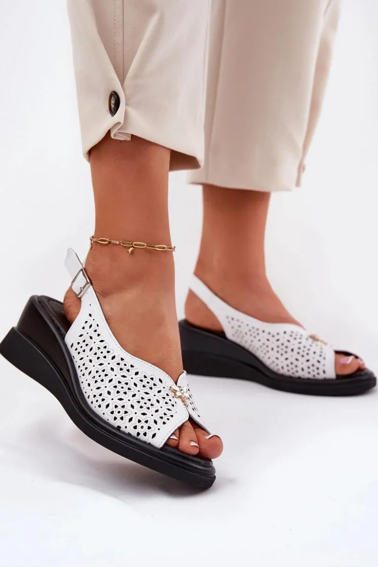 New Buty damskie Vinceza Skórzane Ażurowe Sandały Damskie Na Koturnie Vinceza 79529 Białe Biały